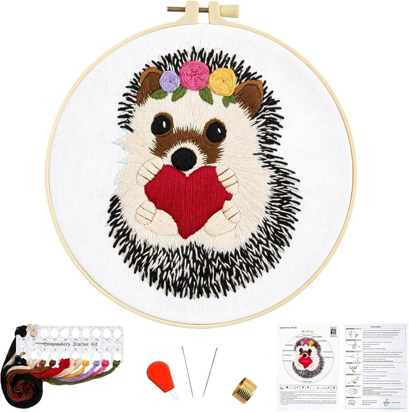 Crafmanoe Cute Hedgehog Embroidery Kits for Beginners Adults, Animals Embroidery Starter Kits, Counted Cross Stitch Kits for Beginners DIY Craft Kits for Adults Women, Embroidery Hoops, Thread & Video Tutorial - Image 1